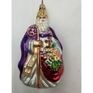 Christopher Radko Glass Blown Santa Pope with Food Bag Christmas Ornament Purple